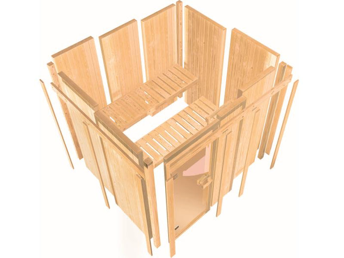 Karibu Sauna Larin inkl. 9 kW Bioofen externe Steuerung, mit bronzierter Ganzglastür - ohne Dachkran