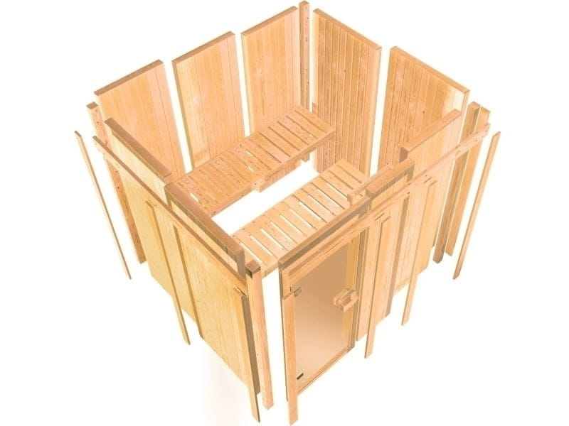 Karibu Sauna Larin inkl. 9 kW Bioofen externe Steuerung, mit moderner Saunatür - mit Dachkranz -