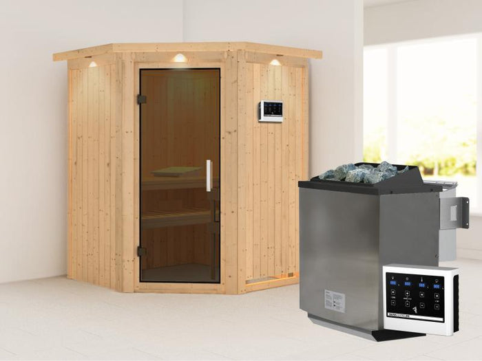 Karibu Sauna Larin inkl. 9 kW Bioofen externe Steuerung, mit moderner Saunatür - mit Dachkranz -