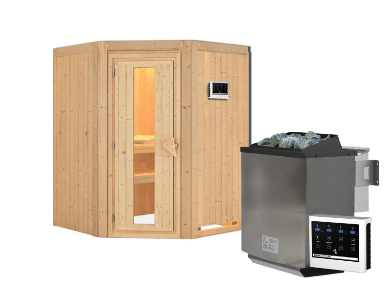 Karibu Sauna Larin inkl. 9 kW Bioofen mit externer Steuerung, ohne Dachkranz, mit energiesparender S