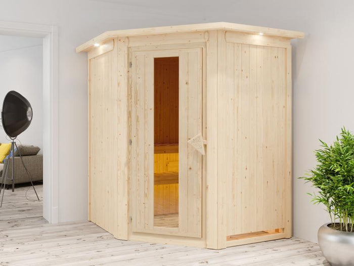 Karibu Sauna Larin inkl. 9 kW Bioofen mit externer Steuerung, mit Dachkranz, mit energiesparender Sa