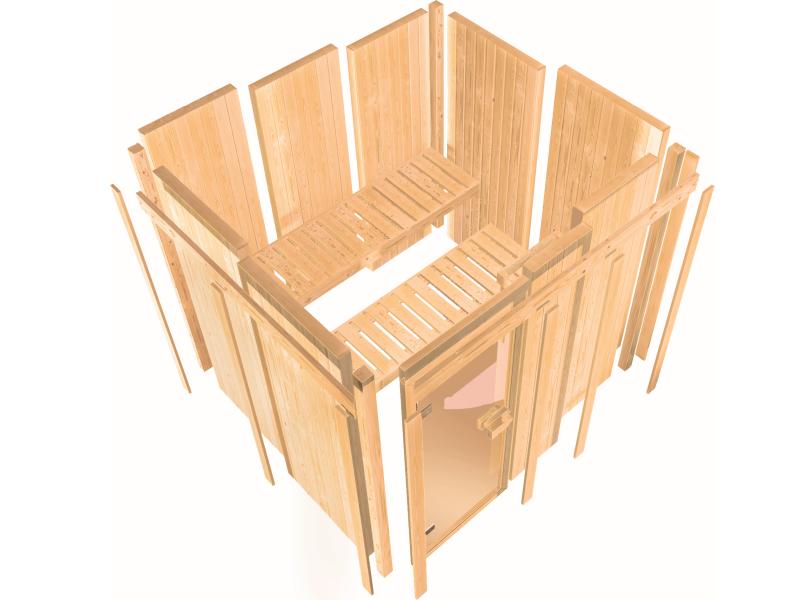 Karibu Sauna Larin inkl. 9 kW Ofen externe Steuerung, mit bronzierter Ganzglastür - ohne Dachkranz -