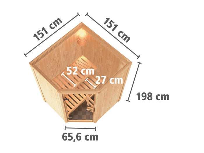 Karibu Sauna Larin inkl. 9 kW Ofen externe Steuerung, mit bronzierter Ganzglastür - ohne Dachkranz -