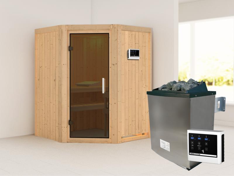 Karibu Sauna Larin inkl. 9 kW Ofen externer Steuerung, mit moderner Saunatür - ohne Dachkranz -