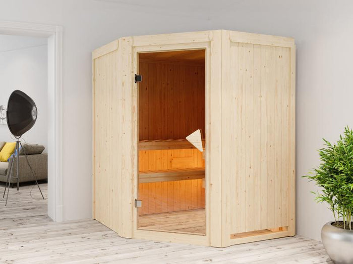 Karibu Sauna Larin inkl. 9 kW Ofen integrierte Steuerung, mit bronzierter Ganzglastür - ohne Dachkra