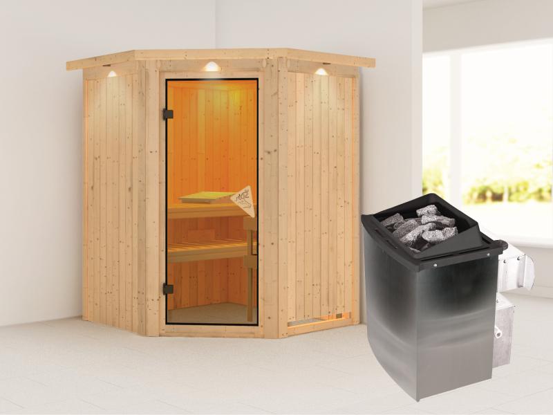 Karibu Sauna Larin inkl. 9 kW Ofen integrierte Steuerung, mit bronzerter Ganzglastür - mit Dachkranz