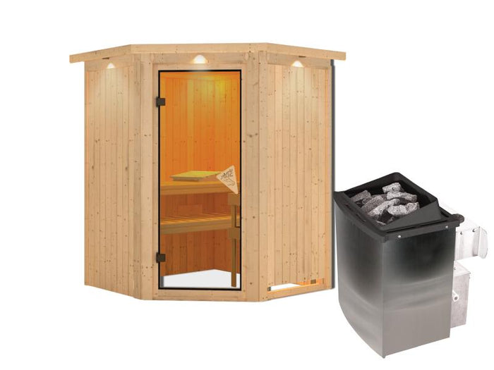 Karibu Sauna Larin inkl. 9 kW Ofen integrierte Steuerung, mit bronzerter Ganzglastür - mit Dachkranz