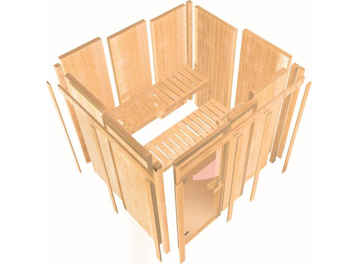 Karibu Sauna Larin inkl. 9 kW Ofen integrierte Steuerung mit moderner Saunatür - ohne Dachkranz -