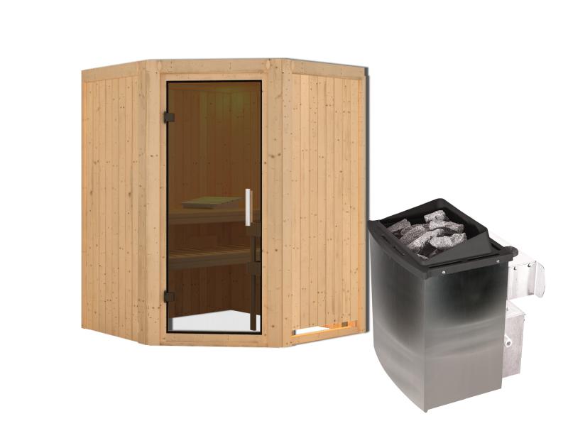 Karibu Sauna Larin inkl. 9 kW Ofen integrierte Steuerung mit moderner Saunatür - ohne Dachkranz -