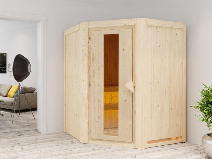 Karibu Sauna Larin inkl. 9 kW Ofen mit externer Steuerung, ohne Dachkranz, mit energiesparender Saun