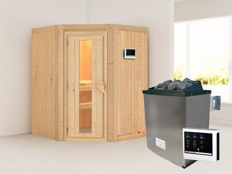 Karibu Sauna Larin inkl. 9 kW Ofen mit externer Steuerung, ohne Dachkranz, mit energiesparender Saun