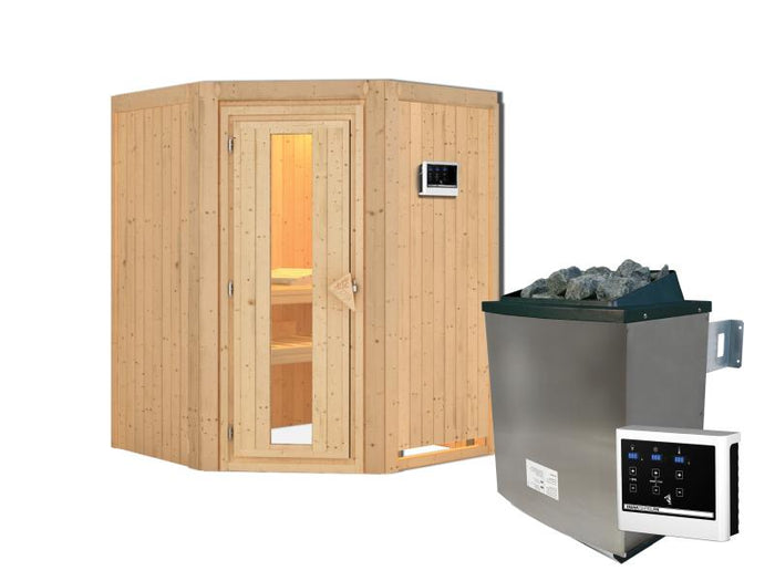 Karibu Sauna Larin inkl. 9 kW Ofen mit externer Steuerung, ohne Dachkranz, mit energiesparender Saun