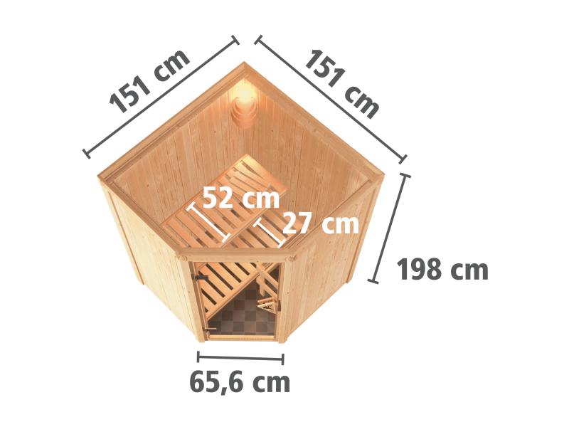 Karibu Sauna Larin inkl. 9 kW Ofen mit externer Steuerung, ohne Dachkranz, mit energiesparender Saun
