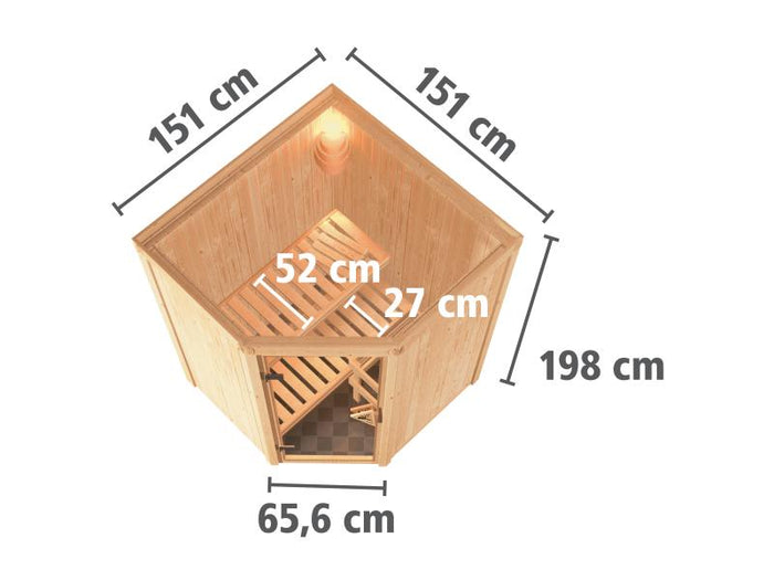 Karibu Sauna Larin inkl. 9 kW Ofen mit externer Steuerung, ohne Dachkranz, mit energiesparender Saun