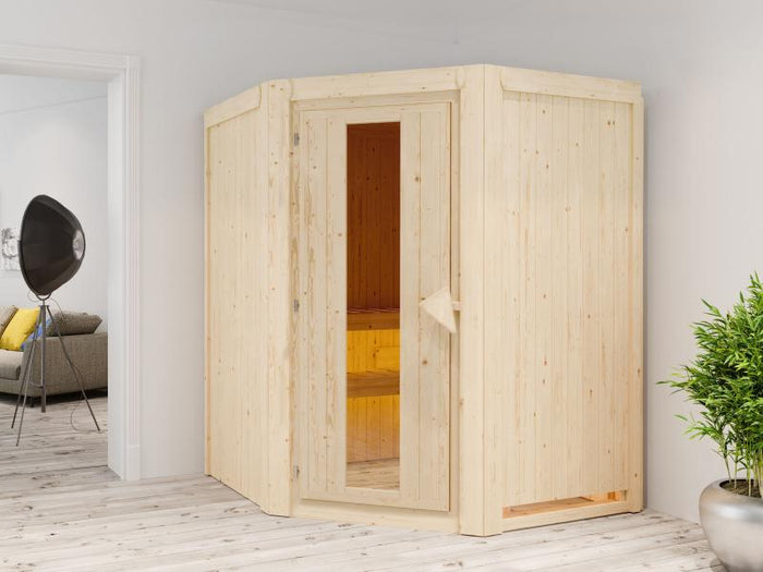 Karibu Sauna Larin inkl. 9 kW Ofen mit integr. Steuerung, ohne Dachkranz, mit energiesparender Sauna