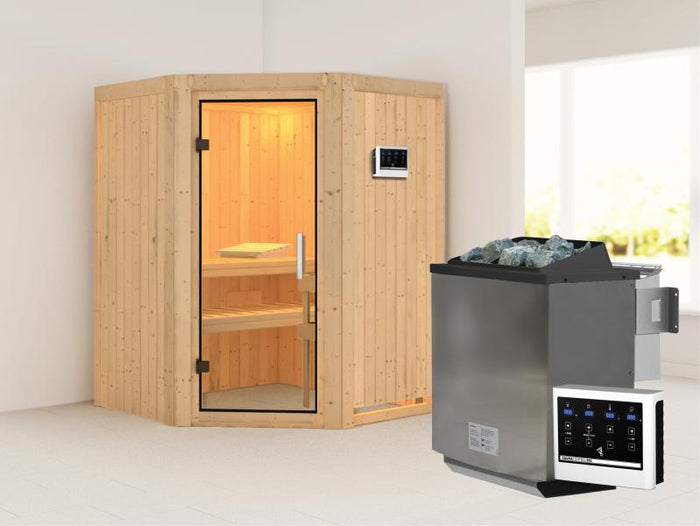 Karibu Sauna Larin inkl. 9kW Bioofen externe Steuerung, mit Klarglas-Ganzglastür -ohne Dachkranz-