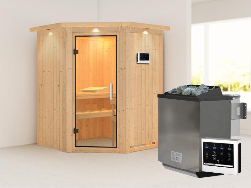 Karibu Sauna Larin inkl. 9kW Bioofen externe Steuerung, mit Klarglas-Ganzglastür -mit Dachkranz-
