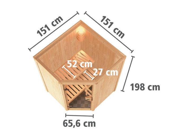 Karibu Sauna Larin inkl. 9kW Ofen integrierte Steuerung, mit Klarglas-Ganzglastür -ohne Dachkranz-