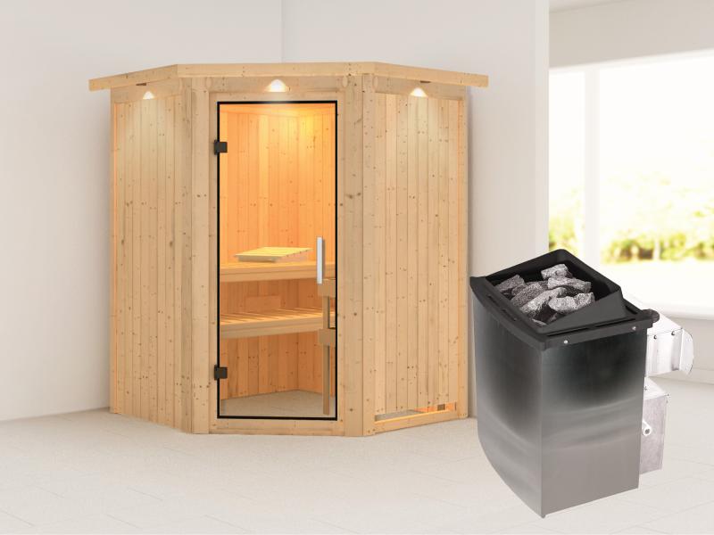 Karibu Sauna Larin inkl. 9kW Ofen integrierte Steuerung, mit Klarglas-Ganzglastür -mit Dachkranz-