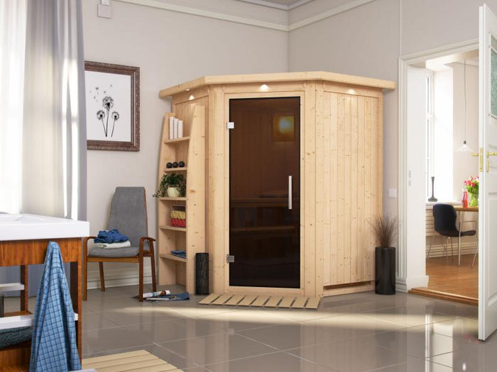 Karibu Sauna Larin ohne Ofen, mit Dachkranz, mit moderner Saunatür