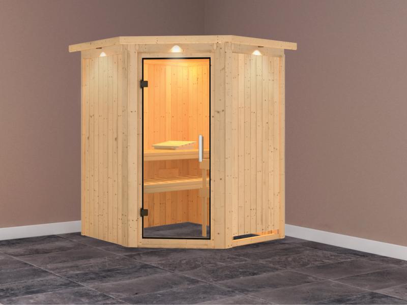 Karibu Sauna Larin ohne Ofen, mit Dachkranz, mit Klarglas-Ganzglastür