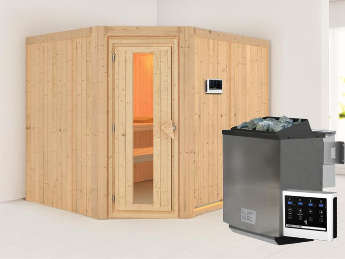 Karibu Sauna Malin inkl. 9-kW-Bioofen mit externer Steuerung, ohne Dachkranz, mit energiesparender S