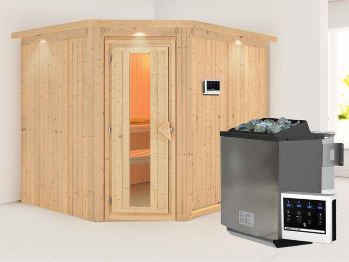 Karibu Sauna Malin inkl. 9-kW-Bioofen mit externer Steuerung, mit Dachkranz, mit energiesparender Sa
