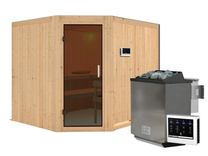 Karibu Sauna Malin inkl. 9-kW-Bioofen mit externer Steuerung, ohne Dachkranz, mit moderner Saunatür