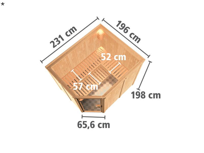 Karibu Sauna Malin inkl. 9-kW-Bioofen mit externer Steuerung, ohne Dachkranz, mit moderner Saunatür