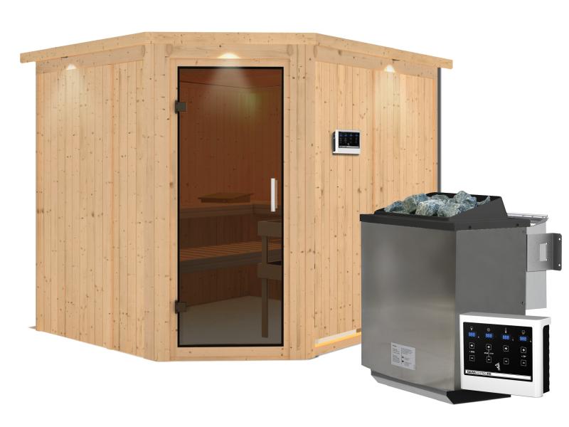 Karibu Sauna Malin inkl. 9-kW-Bioofen mit externer Steuerung, mit Dachkranz, mit moderner Saunatür