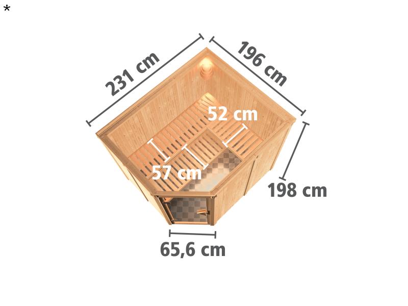 Karibu Sauna Malin inkl. 9 kW Ofen mit ext. Steuerung, ohne Dachkranz, mit Klarglas Ganzglastür