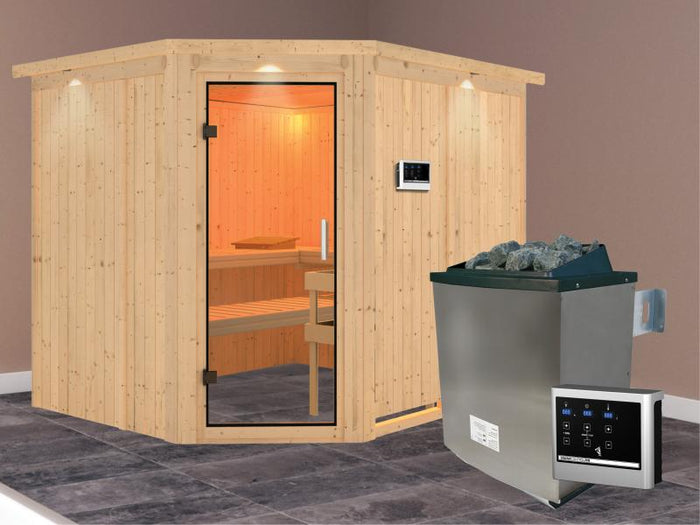 Karibu Sauna Malin inkl. 9 kW Ofen mit ext. Steuerung, ohne Dachkranz, mit Klarglas Ganzglastür