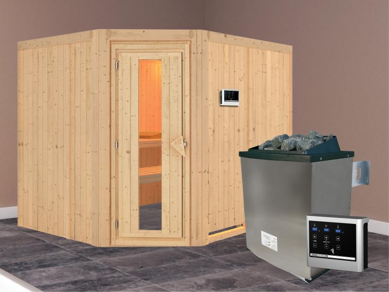 Karibu Sauna Malin inkl. 9-kW-Ofen mit externer Steuerung, ohne Dachkranz, mit energiesparender Saun