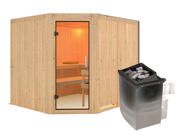 Karibu Sauna Malin inkl. 9 kW Ofen mit int. Steuerung, ohne Dachkranz, mit Klarglas Ganzglastür