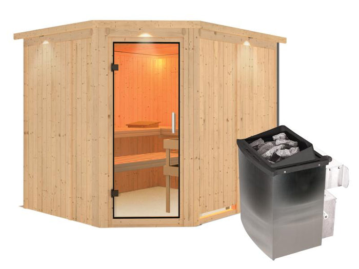 Karibu Sauna Malin inkl. 9 kW Ofen mit int. Steuerung, mit Dachkranz, mit Klarglas Ganzglastür