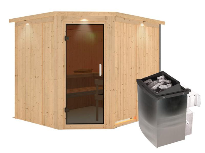 Karibu Sauna Malin inkl. 9-kW-Ofen mit interner Steuerung, mit Dachkranz, mit moderner Saunatür