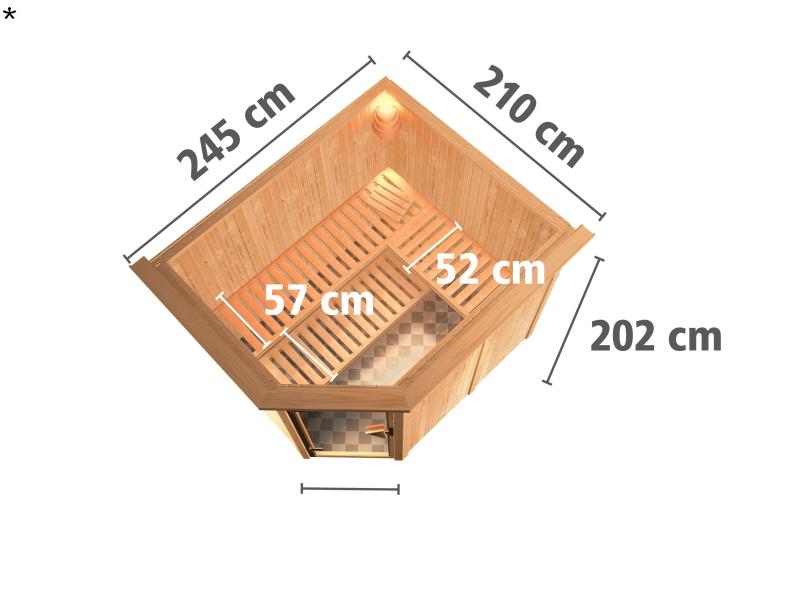 Karibu Sauna Malin ohne Ofen, mit Dachkranz, mit moderner Saunatür