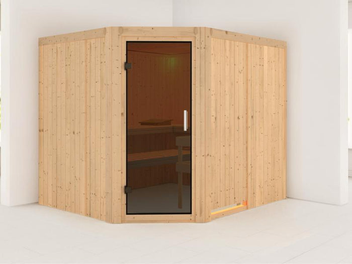 Karibu Sauna Malin ohne Ofen, ohne Dachkranz, mit moderner Saunatür