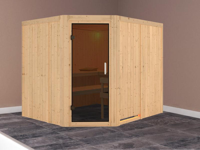 Karibu Sauna Malin ohne Ofen, ohne Dachkranz, mit moderner Saunatür