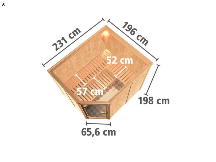 Karibu Sauna Malin ohne Ofen, ohne Dachkranz, mit moderner Saunatür
