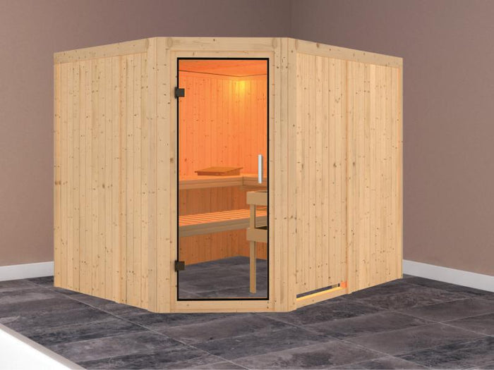 Karibu Sauna Malin ohne Ofen, ohne Dachkranz, mit Klarglas Ganzglastür