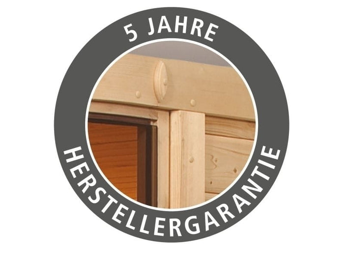 Karibu Sauna Mia inkl. 9 kW Bioofen ext. Steuerung, mit energiesparender Saunatür -mit Dachkranz-