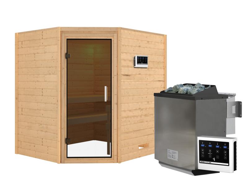 Karibu Sauna Mia inkl. 9 kW Bioofen ext. Steuerung, mit moderner Saunatür -ohne Dachkranz-