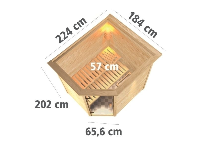 Karibu Sauna Mia inkl. 9 kW Bioofen ext. Steuerung, mit Klarglas Ganzglassaunatür -mit Dachkranz-