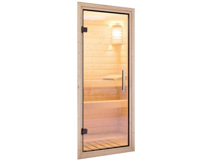 Karibu Sauna Mia inkl. 9 kW Bioofen ext. Steuerung, mit Klarglas Ganzglassaunatür -mit Dachkranz-