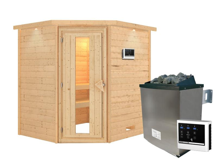 Karibu Sauna Mia inkl. 9 kW Ofen ext. Steuerung, mit energiesparender Saunatür -mit Dachkranz-