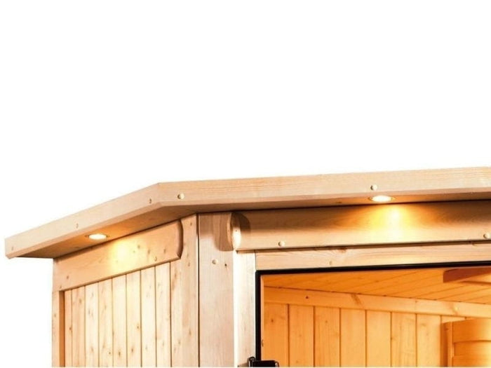 Karibu Sauna Mia inkl. 9 kW Ofen ext. Steuerung, mit energiesparender Saunatür -mit Dachkranz-