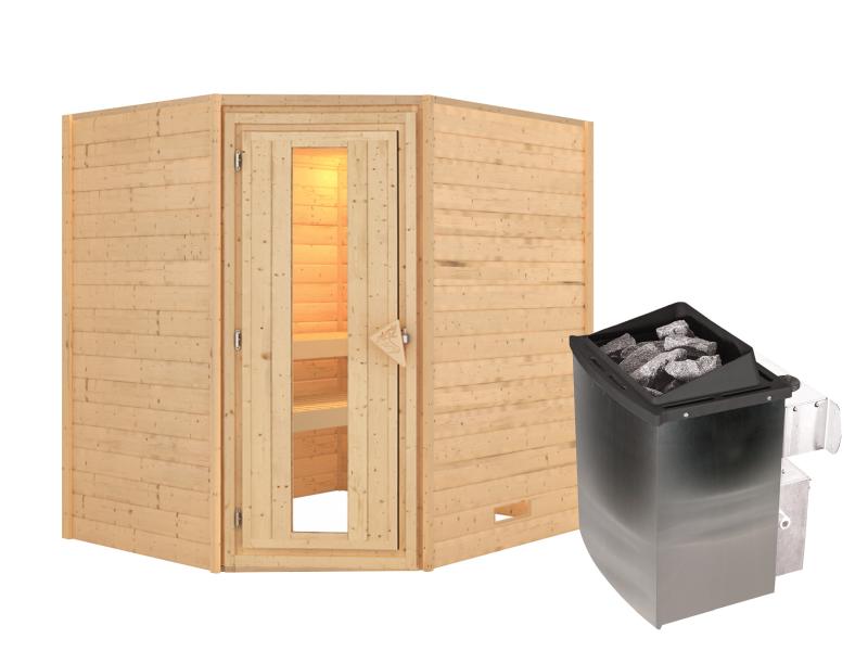 Karibu Sauna Mia inkl. 9 kW Ofen integr. Steuerung, mit energiesparender Saunatür -ohne Dachkranz-