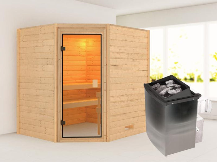 Karibu Sauna Mia inkl.  9 kW Ofen integr. Steuerung, mit klassischer Saunatür -ohne Dachkranz-