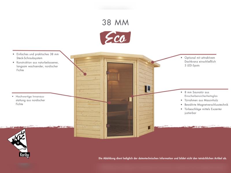 Karibu Sauna Mia inkl.  9 kW Ofen integr. Steuerung, mit klassischer Saunatür -ohne Dachkranz-